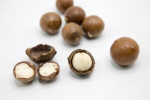 pexels-photo-8162043-8162043 Detailed view of raw macadamia nuts showing whole and open shells on a white background.